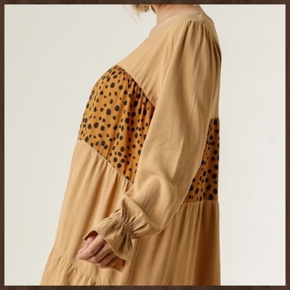 UMGEE Puff Sleeve & Ruffled Cuff Tiered Babydoll Dress Fringe Hem W/Animal Print - Picture 6 of 16